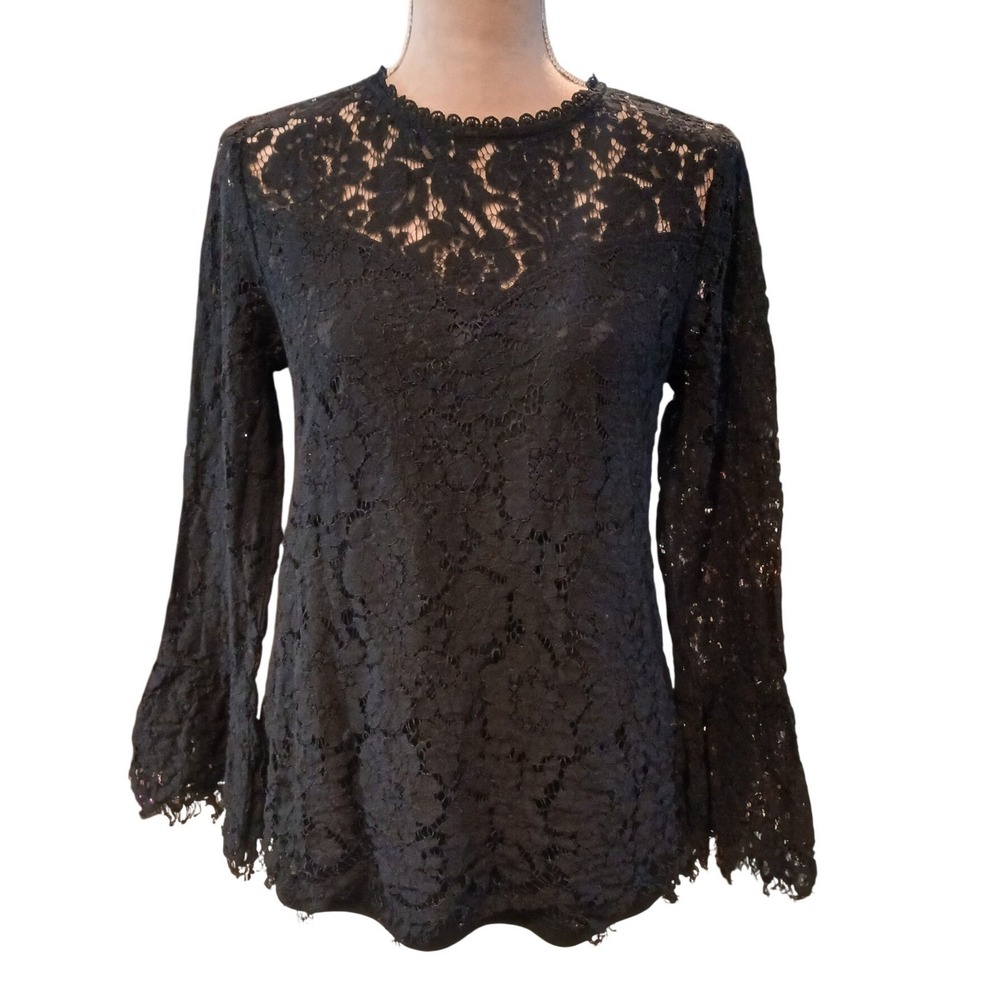 Jodifl Black Floral Lace Bell Sleeve Blouse Mock Neck Keyhole Small Whimsigoth